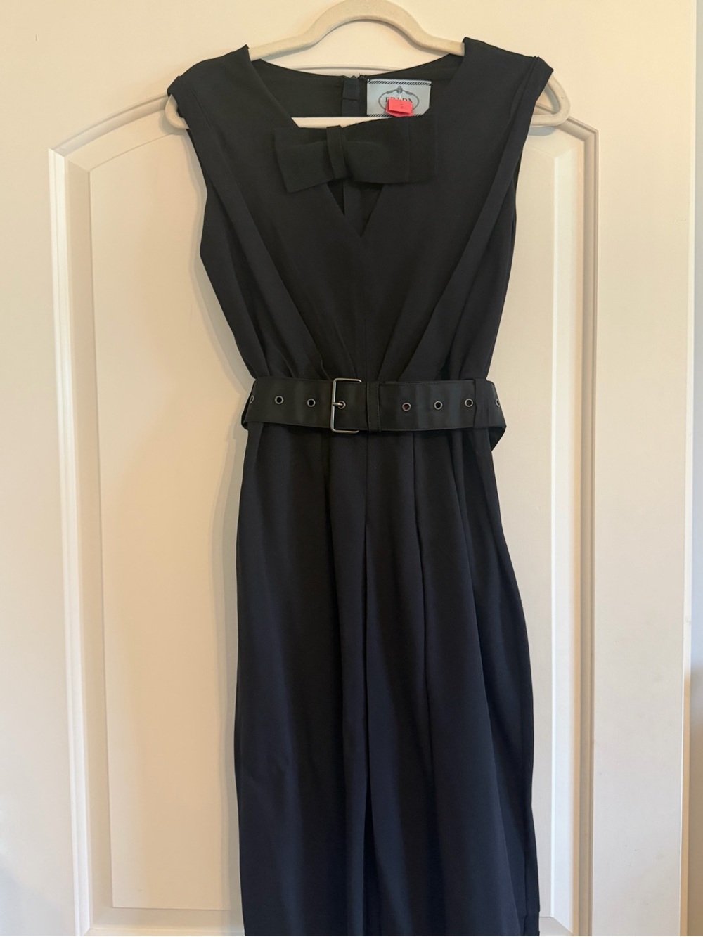 Vintage Prada Black Sleeveless Belted Midi Dress with Bow - Picture 2 of 8